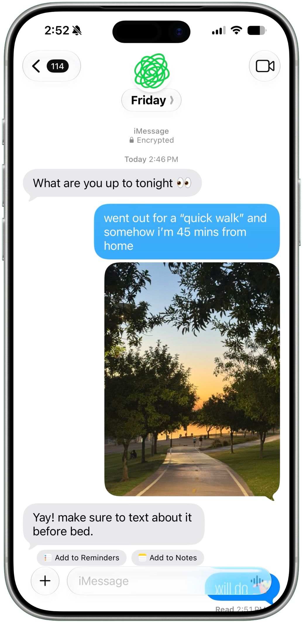 Friday texting in iMessage with a coffee photo and gentle prompts